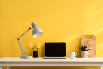 yellow work desktop with laptop, lamp, clock and flower vase, minimalist interior design