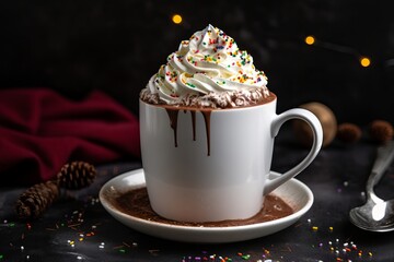 cup of hot chocolate with whipped cream and sprinkles