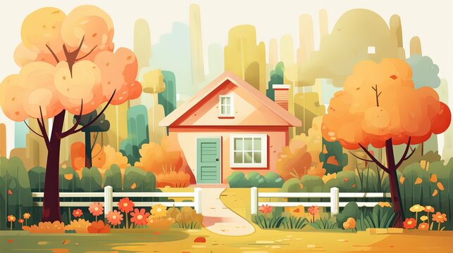 cute design cartoon style illustration of a house in nature garden, Generative Ai