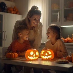 a mom and her kids smile each other after their pumpkin carving sessions