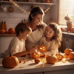 a mom and her kids looks happy while carving pumpkins for halloween party