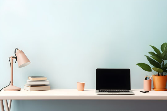 work desktop with laptop, lamp, clock and flower vase, minimalist interior design