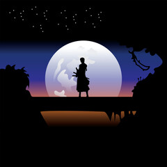 illustration vector graphic of Samurai training at night on a full moon. Perfect for wallpaper, poster, etc. Illustration vector style, Colorful view background, One Piece, Roronoa Zoro