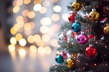 Obraz na płótnie Canvas Christmas tree with twinkling lights and ornaments