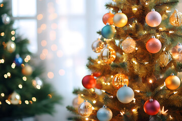 Fototapeta na wymiar Christmas tree with twinkling lights and ornaments