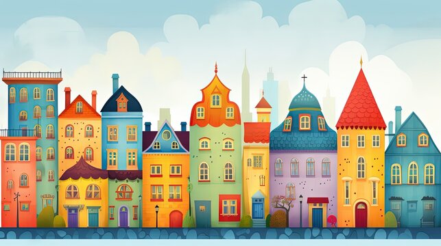 cute cartoon town, colorful urban city children art style illustration, idea for adorable background wallpaper,  Generative Ai
