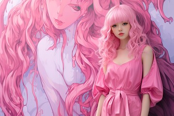 close up portrait street pose of pin hair girl with graffiti art wall background, Generative Ai