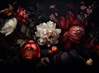 Vintage floral card. Beautiful garden flowers. Peonies, roses, tulips, lily, hydrangea on black background. . Created with Generative AI technology.