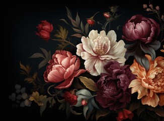 Vintage floral card. Beautiful garden flowers. Peonies, roses, tulips, lily, hydrangea on black background. . Created with Generative AI technology.