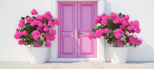 abstract pink flower tree against white concrete wall background with pot plant and wooden vintage gate door,  Generative Ai