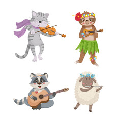Illustration of a cat, a sloth, a raccoon, a lamb, that play musical instruments