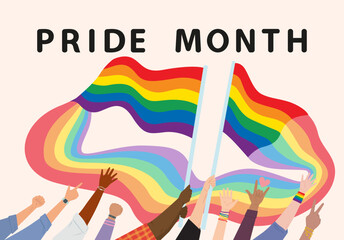 Lgbt Parade People Holding Rainbow Holding Flags Celebrates LGBT pride month. Illustration, Poster, Vector, Background or wallpaper.   