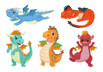 Naklejka premium Collection of cute dragons in cartoon style. Children's illustrations.