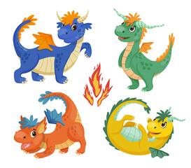 Collection of cute dragons in cartoon style. Children's illustrations.