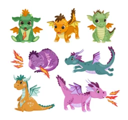 Muurstickers Draak Collection of cute dragons in cartoon style. Children's illustrations.