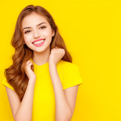 Fototapeta na wymiar A beautiful girl wearing a yellow dress on a yellow background.