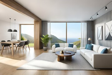 Naklejka na ściany i meble modern living room white interior with beautiful backyard view. Home living room design. 3D Rendering,