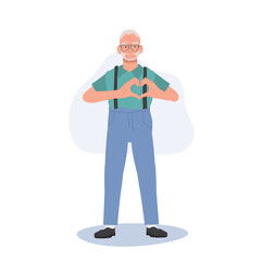 health care concept. Grandfather, Senior man doing hand sign heart gesture. Flat vector cartoon illustration