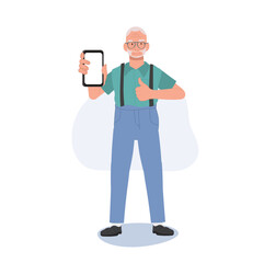 Elderly man Giving Thumbs Up as Approval to Smartphone. Elderly man with Smartphone Illustration.