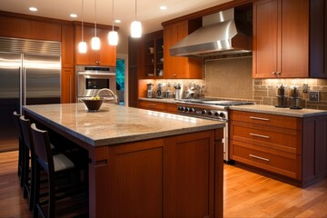 Luxury Wood Cabinets in Contemporary Kitchen Interior with Granite Countertop, Accent Lighting and Stainless Steel Appliances: Generative AI