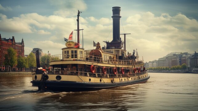 Famous Paddle Steamer Louisiana Star in Hamburg. Beautiful Boat on Europa's Water with City Landscape and Architecture: Generative AI