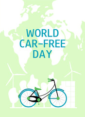 World car free day. Bicycle on the green background. World bicycle day banner or poster. Global environment. Vector illustration. 