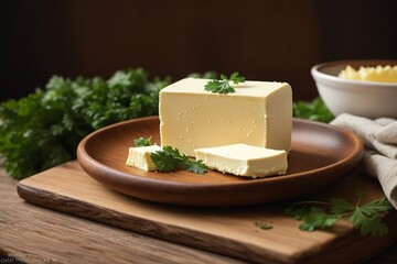 butter with parsley in a wooden plate, kitchen background