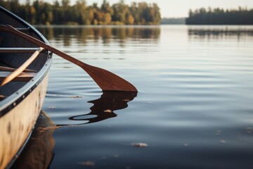 Canoe on a lake wooden boat kayak in water summer canoeing kayaking autumn travelling fresh calm still water rural adventure exploration countryside camping untouched nature beautiful forest landscape
