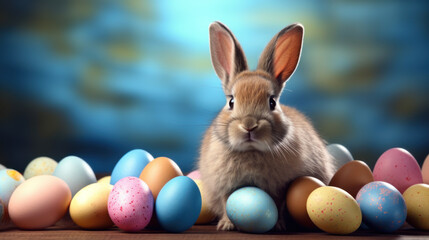 Fototapeta na wymiar Cute bunny with colorful easter eggs on blur background