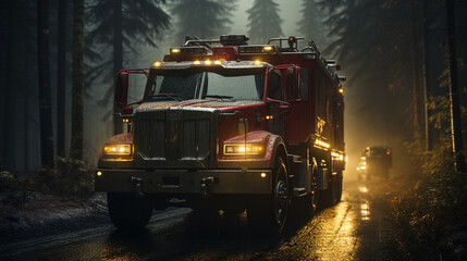 Obraz premium A fire truck driving through a forest.