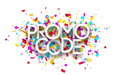 Promo code sign on cut ribbon confetti background.