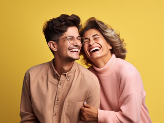 Fototapeta premium Boy laughing with her Mother on Mother's day wearing shirt on yellow background