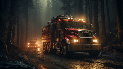 A fire truck driving through a forest.