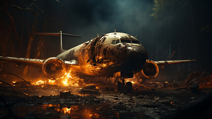 Airplane crash accident with destroyed burning plane.