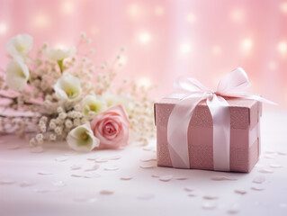 Close up shot of pink gift box wrapped with ribbon and has pink flowers