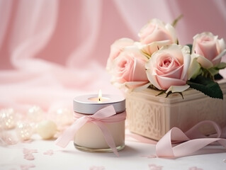 Close up shot of pink gift box wrapped with ribbon, pink flowers and candles