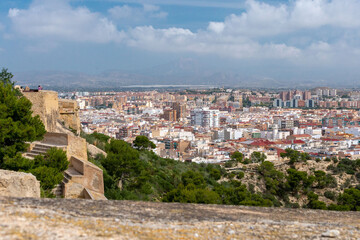 Panoramic view of Alicante, houses and streets from Santa Barbara Castle, Spain. Travel to Spain