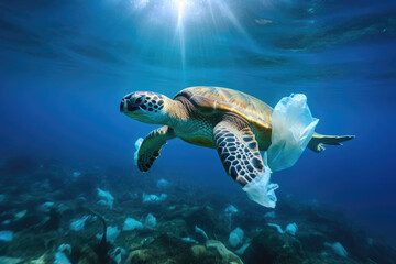 Obraz na płótnie Canvas Marine Conservation Crisis: Turtle vs. Plastic
