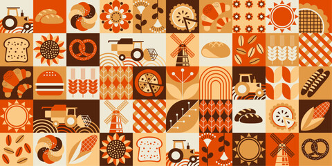 Autumn pattern. Agriculture, farming. Bakery. Bauhaus mosaic style. Simple geometric shapes. Textile background of fresh pastries, grains, bread, cakes, pies, fruits, flowers.