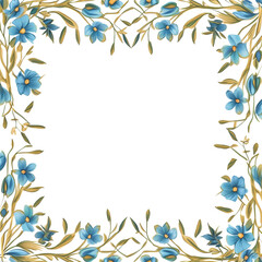 Fototapeta na wymiar Elegant Blue Florals and Green Leaves Watercolor Frame with a Golden Border on Transparent Background 