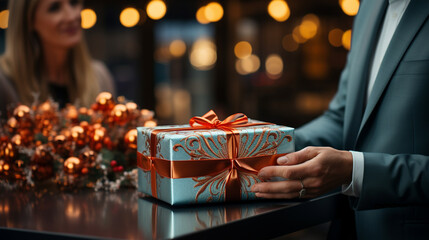 Fototapeta na wymiar Christmas gift, hand with a present box.
