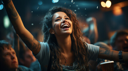 Fototapeta premium Excited friends, sports fans celebrating victory of favorite football team.