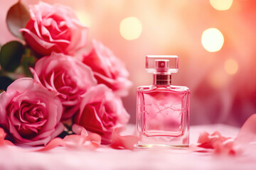Sensual Red Rose Perfume and Bokeh Background