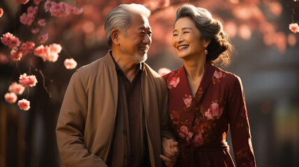  Senior asian couple walking a blossoming sakura park. - obrazy, fototapety, plakaty