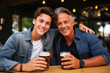 Father and Teenage Son Sharing a Joyful Beer Moment