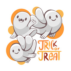 Vector illustration on Halloween theme with cute ghosts and lettering.