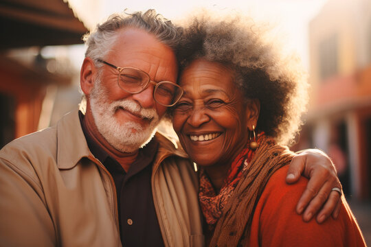 Portrait of a beautiful interacial senior couple embracing each other