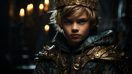 Boy in a crown over gothic black background.