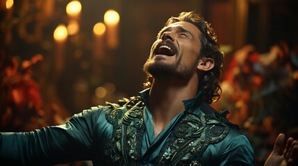 Opera tenor in a dramatic moment of the opera performance.