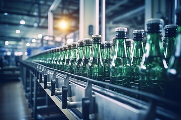 Empty glass bottles on conveyor belt bottling plant